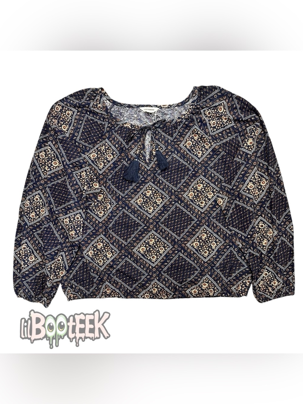 Lucky Brand Ladies XL Navy Blue Patterned Long Sleeve Blouse NWT